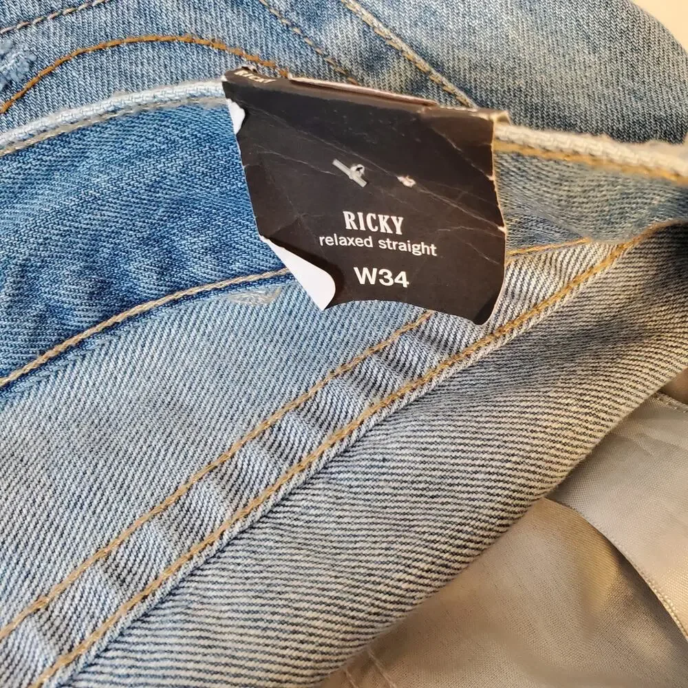 True Religion Brand Mens Jeans Ricky Relaxed Straight Leg SZ 34 Blue Distressed